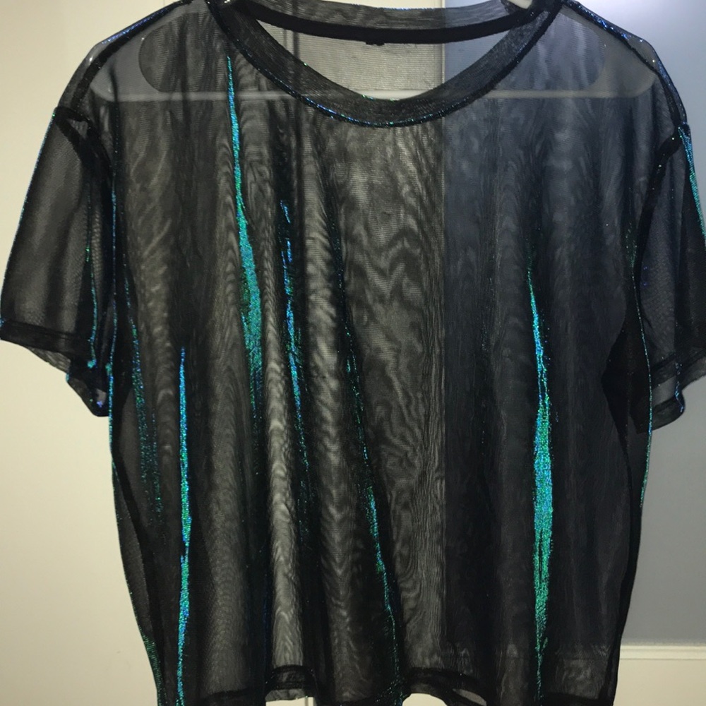 Shiny sheer mesh see-through blue & green crop top